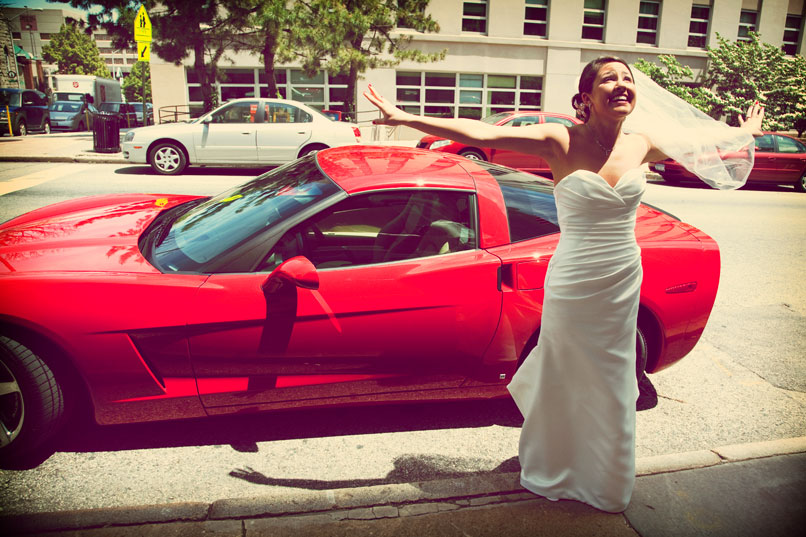 bride with red corvette