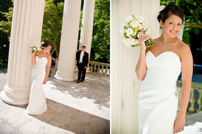 bride and groom by columns