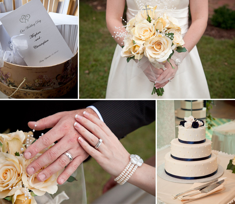 invitations, yellow roses, white and blue cake, wedding bands