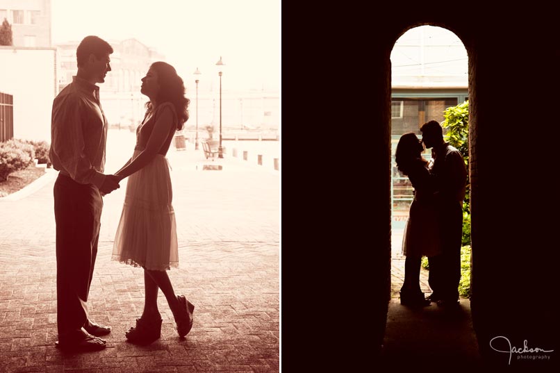 couple silhouetted in archway of Fells Point  