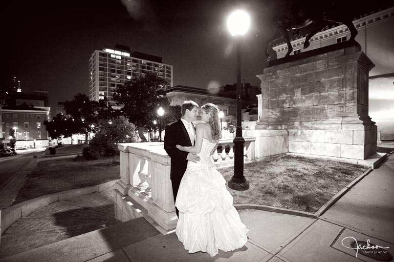 bride and groom in Baltimore at night