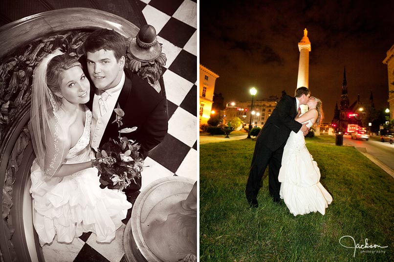 Bride and groom posing by staircase and Washington Monument