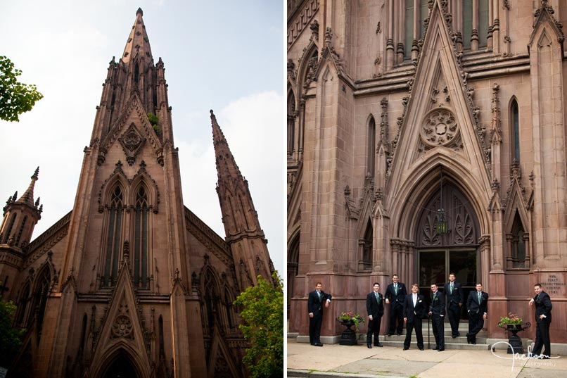 groom in front of brownstone church