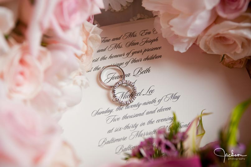 wedding bands, invitation, pink flowers