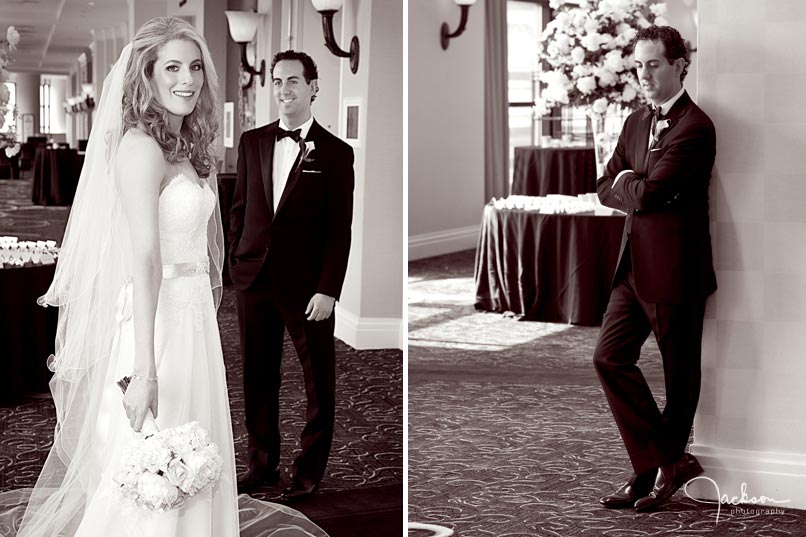 bride and groom posing black and white