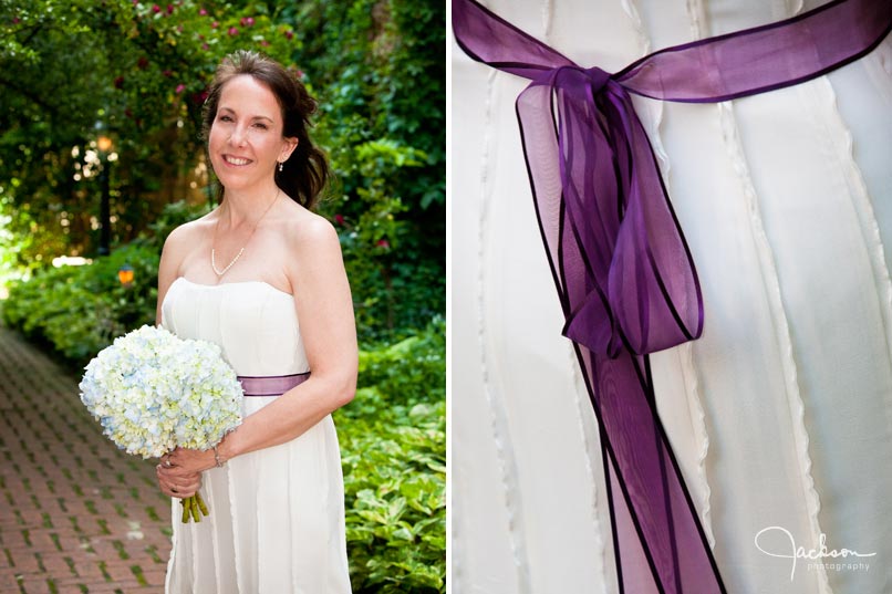 bride with purple ribbon