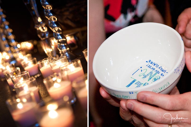 candles and personalized bowls from wedding