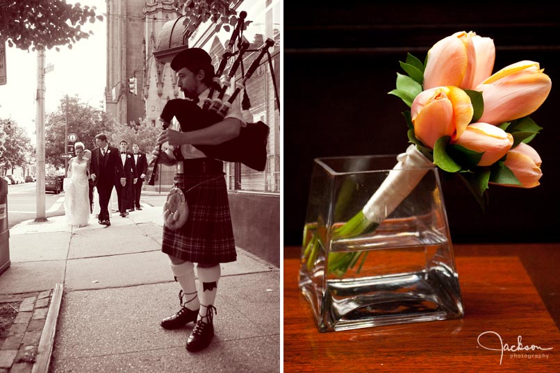 bagpiper walking with bridal party