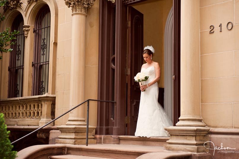 bride in front of Backus House