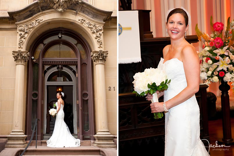 bride in front of Backus House