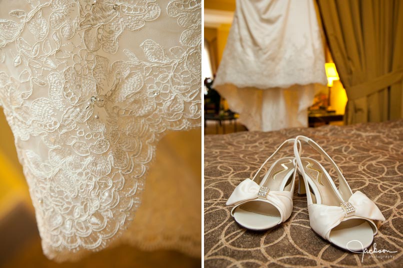 detail of bridal gown and shoes