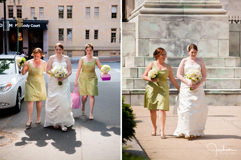 bride and bridesmaids walking in Mount Vernon