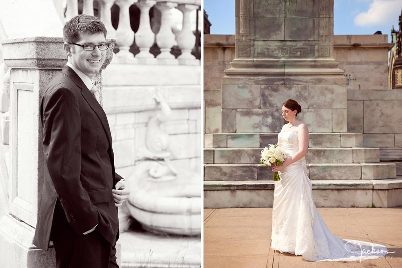 bride and groom posing in mount vernon square