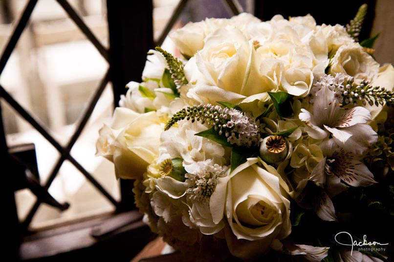 close up on white rose bouquet