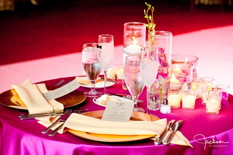 bridal table at reception in pink
