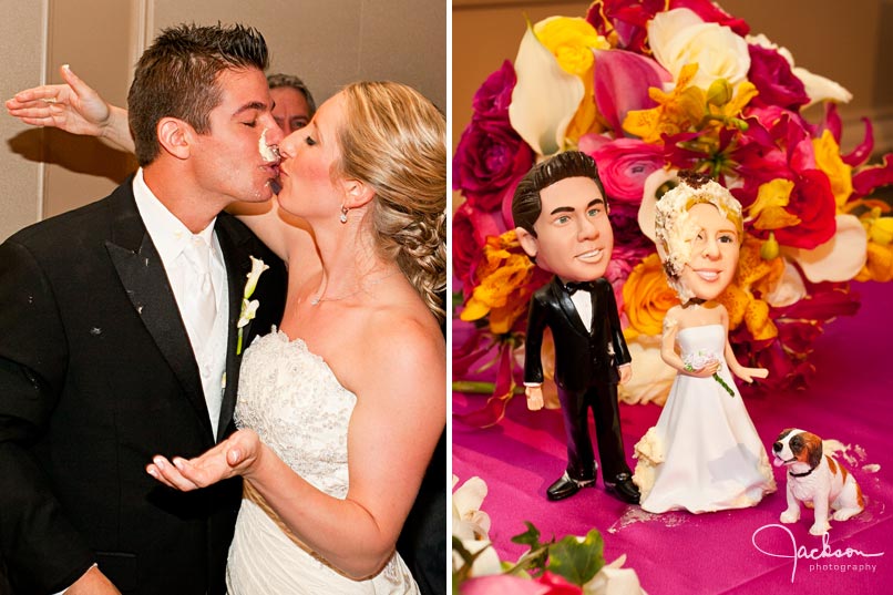 bride and groom messy cake cut with bobble head