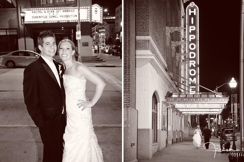 bride and groom outside of the hippodrome