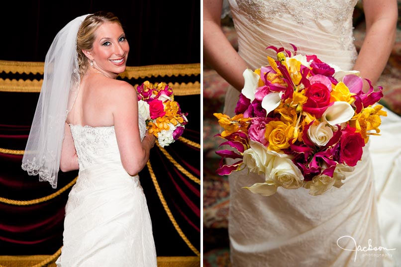 bride with pink yellow white orchid bouquet