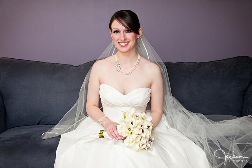 bride on purple couch