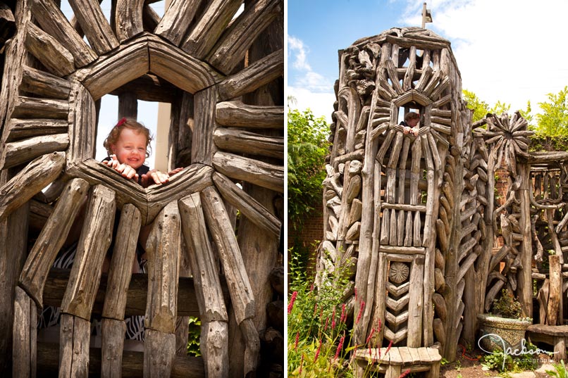 child playing on sculpture