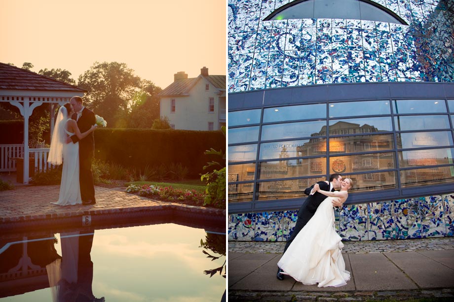 bride and groom and reflected water