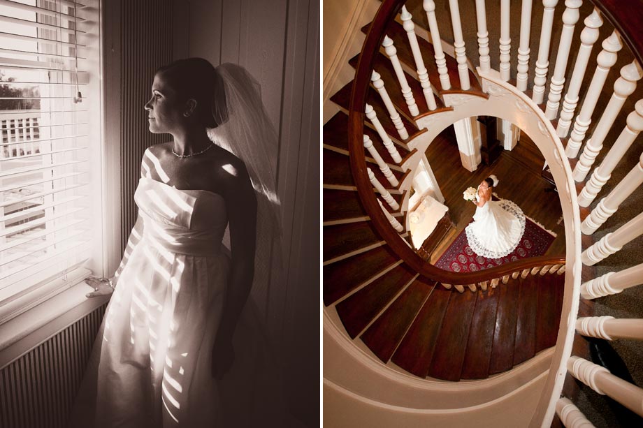 bride at bottom of spiral staircase
