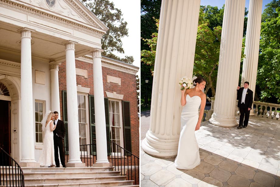 bride and groom by roman columns