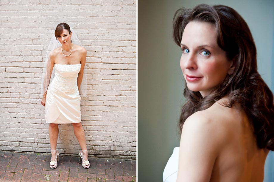 bride posing against white brick wall