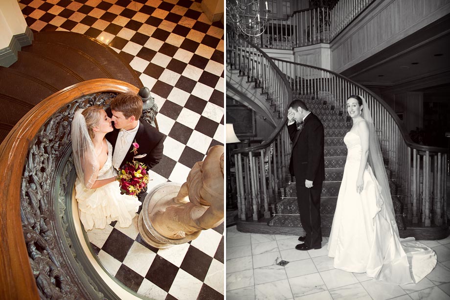 bride and groom by staircase