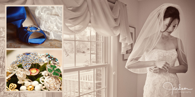 Bride putting on bracelet with blue shoes