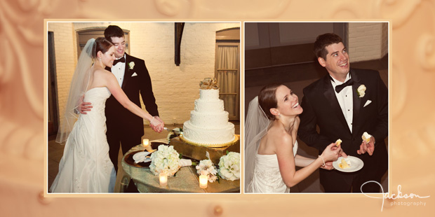 Bride and groom cutting cake