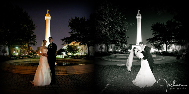 Bride and groom posing at the Washington Monument