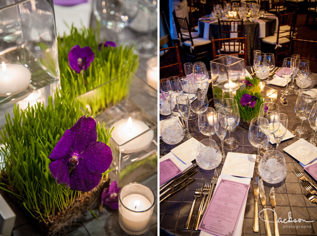 grass and purple flower table settings