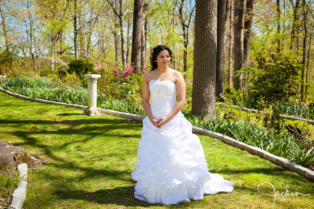 bride standing on grass in sunlight