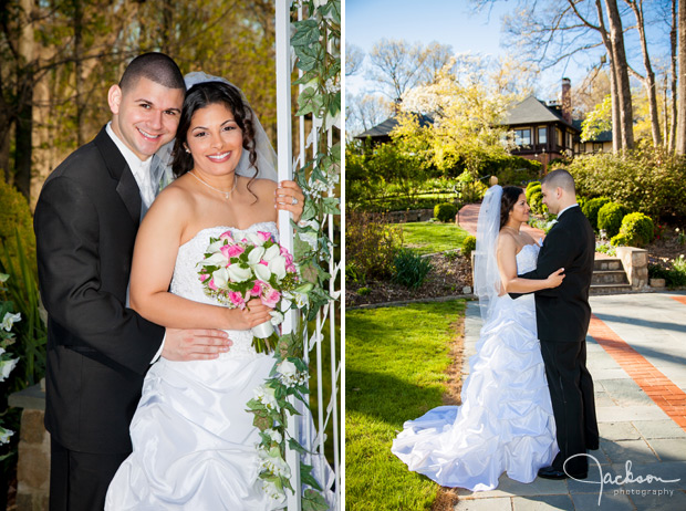 bride and groom posing in front of Gramercy mansion