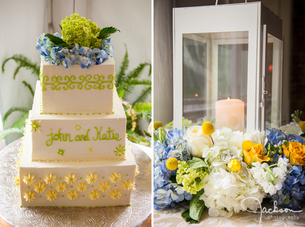 green yellow and white square wedding cake with lantern
