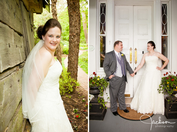 bride and groom posing at doorway