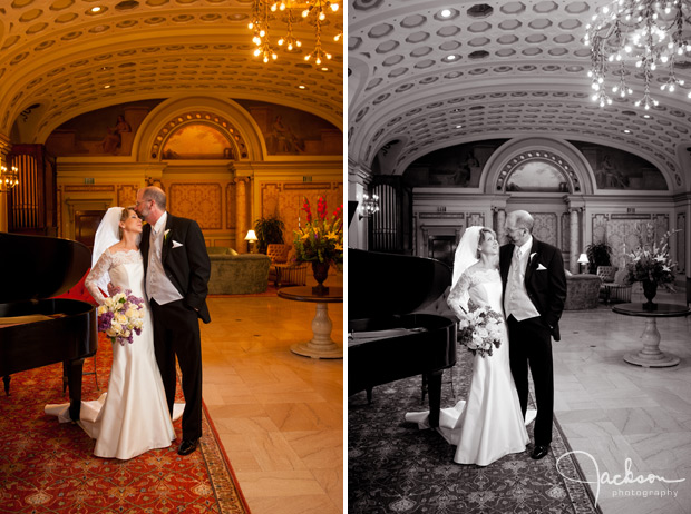 bride and groom posing on piano