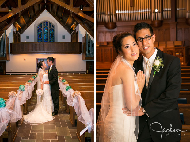 bride and groom posing in wooden church