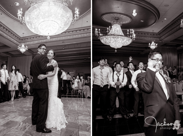 bride and groom dancing beneath large crystal chandolier