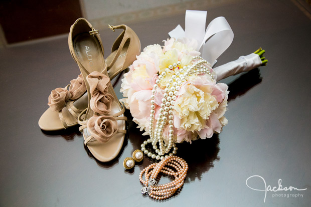 brown flowered shoes and pearls