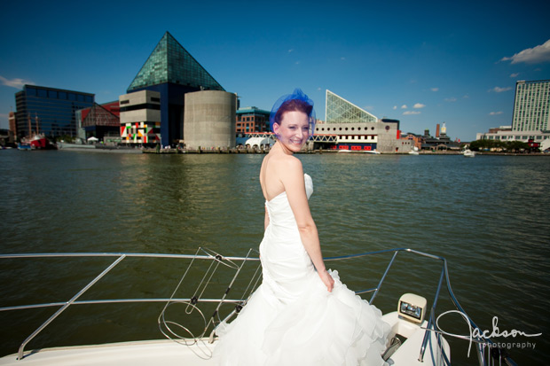 bride on boat in baltimore inner harbor