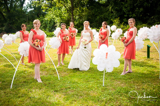 bridesmaids in orange among Rao Fu's Flower Field installation
