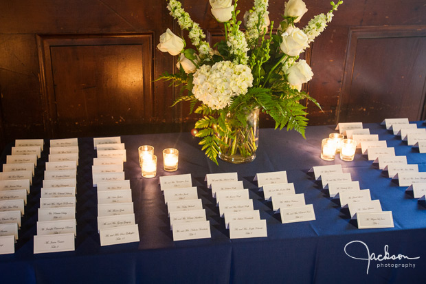 placecards with green bouquet and blue linen