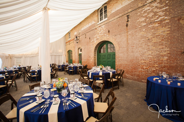 elaborate blue and white reception at evergreen