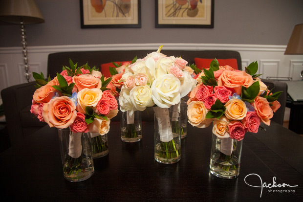 yellow orange and red bridesmaid bouquets