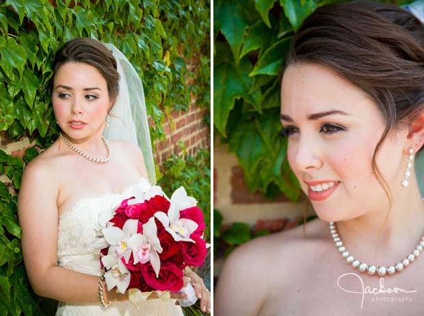 portrait of bride on brick and ivy wall