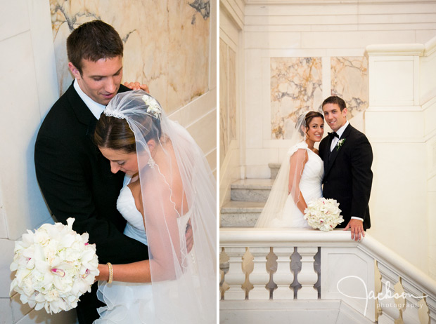 bride and groom on stairs of hotel monaco