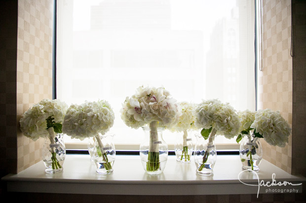 bridal bouquets in window