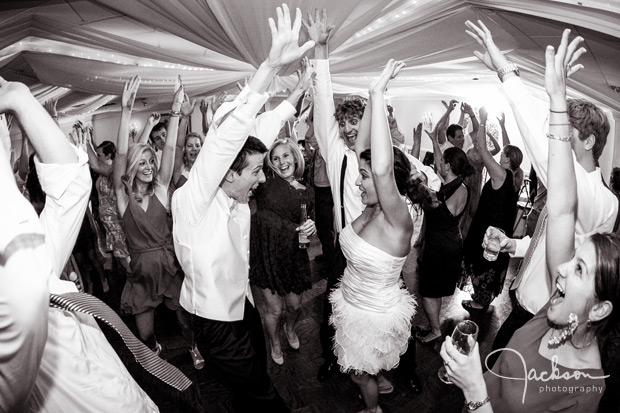 wedding reception dancing in black and white